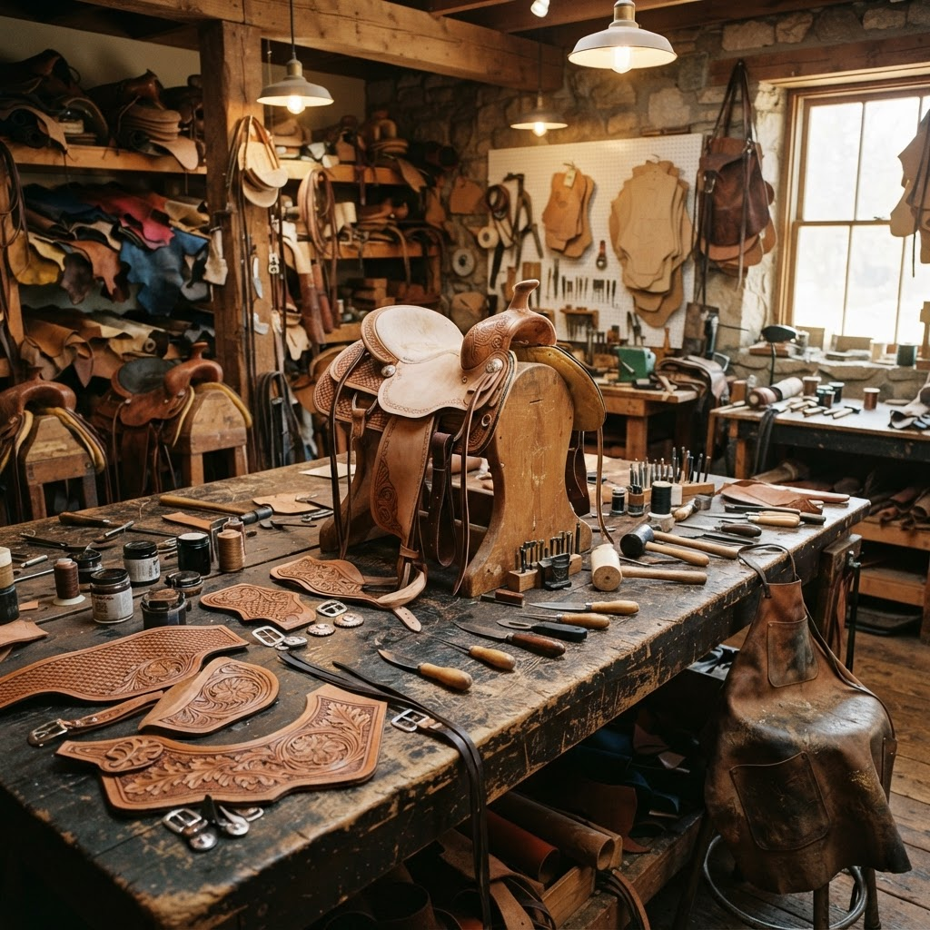 Winning Edge saddle workshop with hand-tooled leather and crafting tools