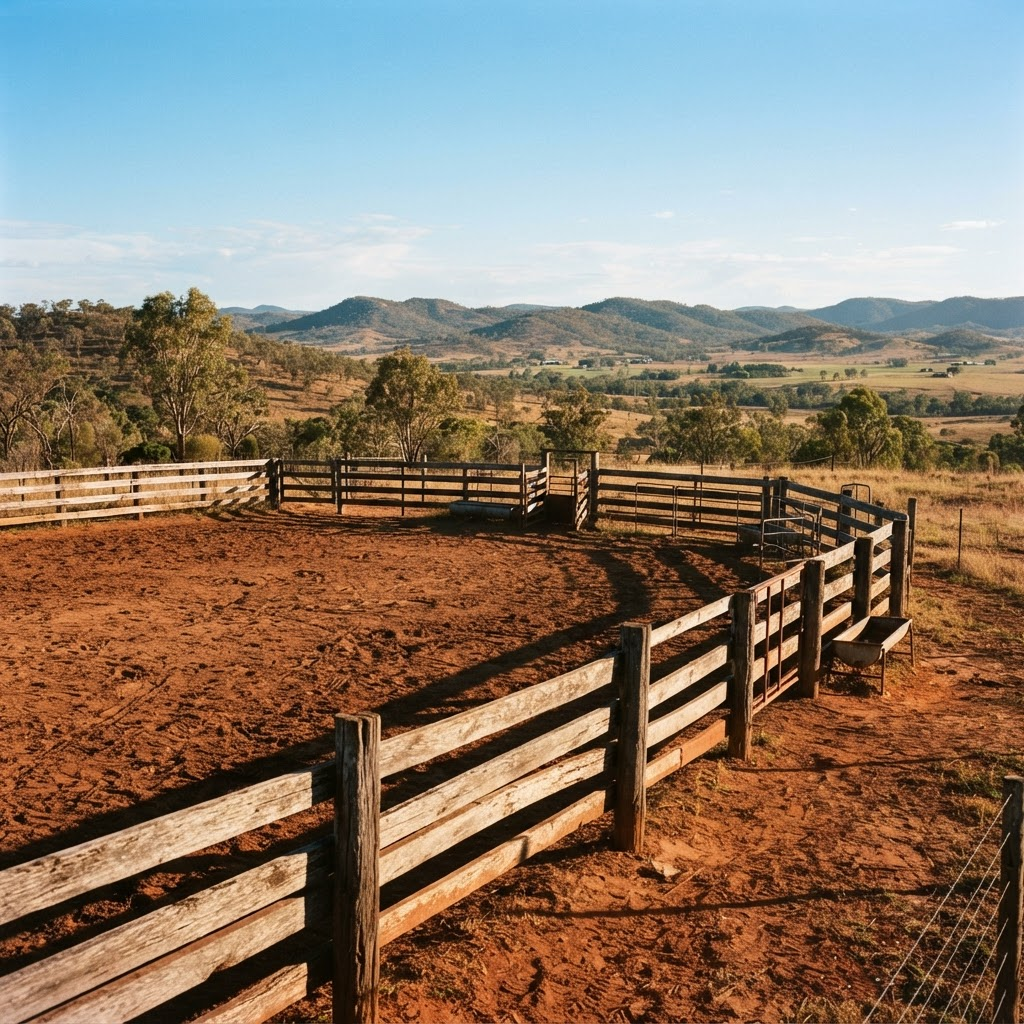 Rural Queensland arena with red dirt and wooden fence rails