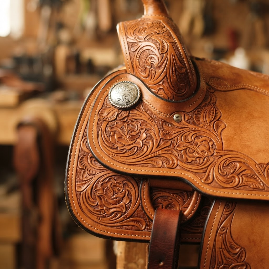 Intricate hand-tooled leather detail on a custom western saddle