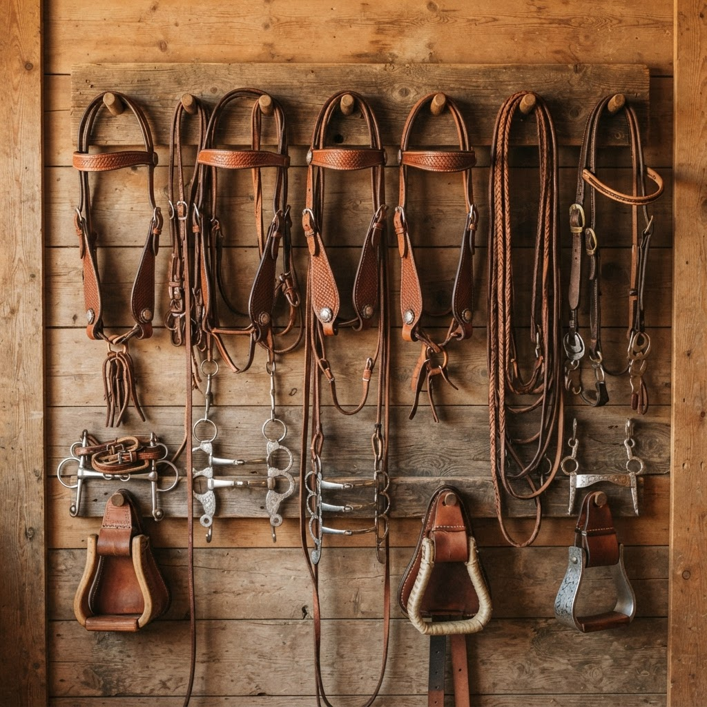 Western saddlery and tack supplies including bridles and stirrups on display